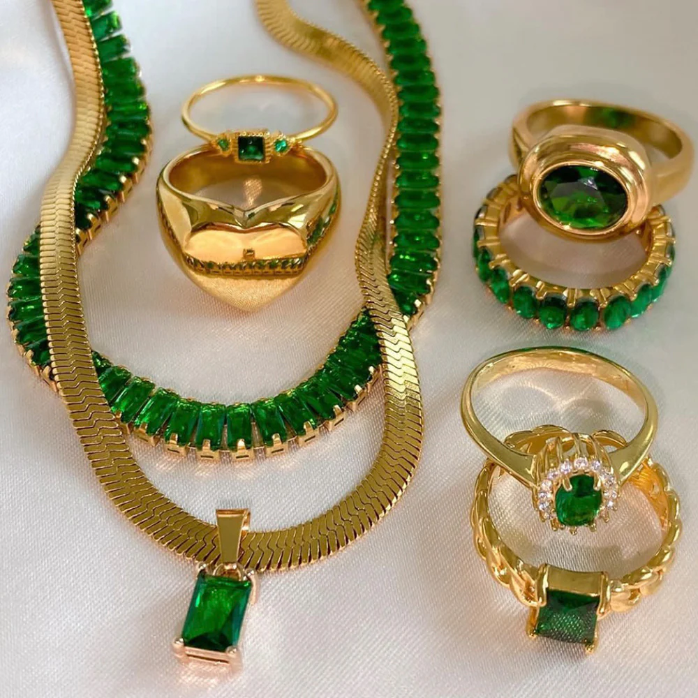 Green Zirconia Vintage Jewelry: Women's Ring/Bracelet/Necklace