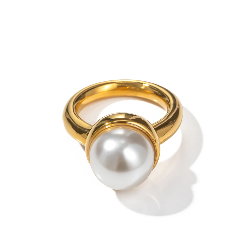 Geometric Inlaid Pearl Closed Ring 18K Gold Stainless Steel