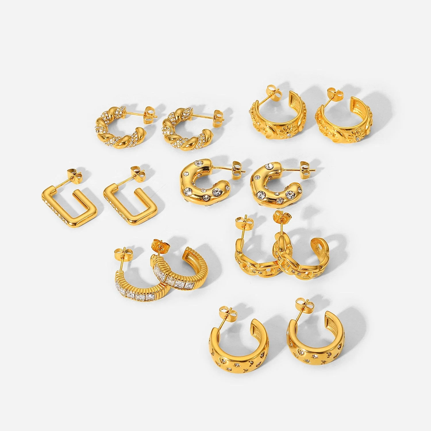 Diamond-Set C-Shaped Earrings in 18k Gold Plated: Stylish Women's