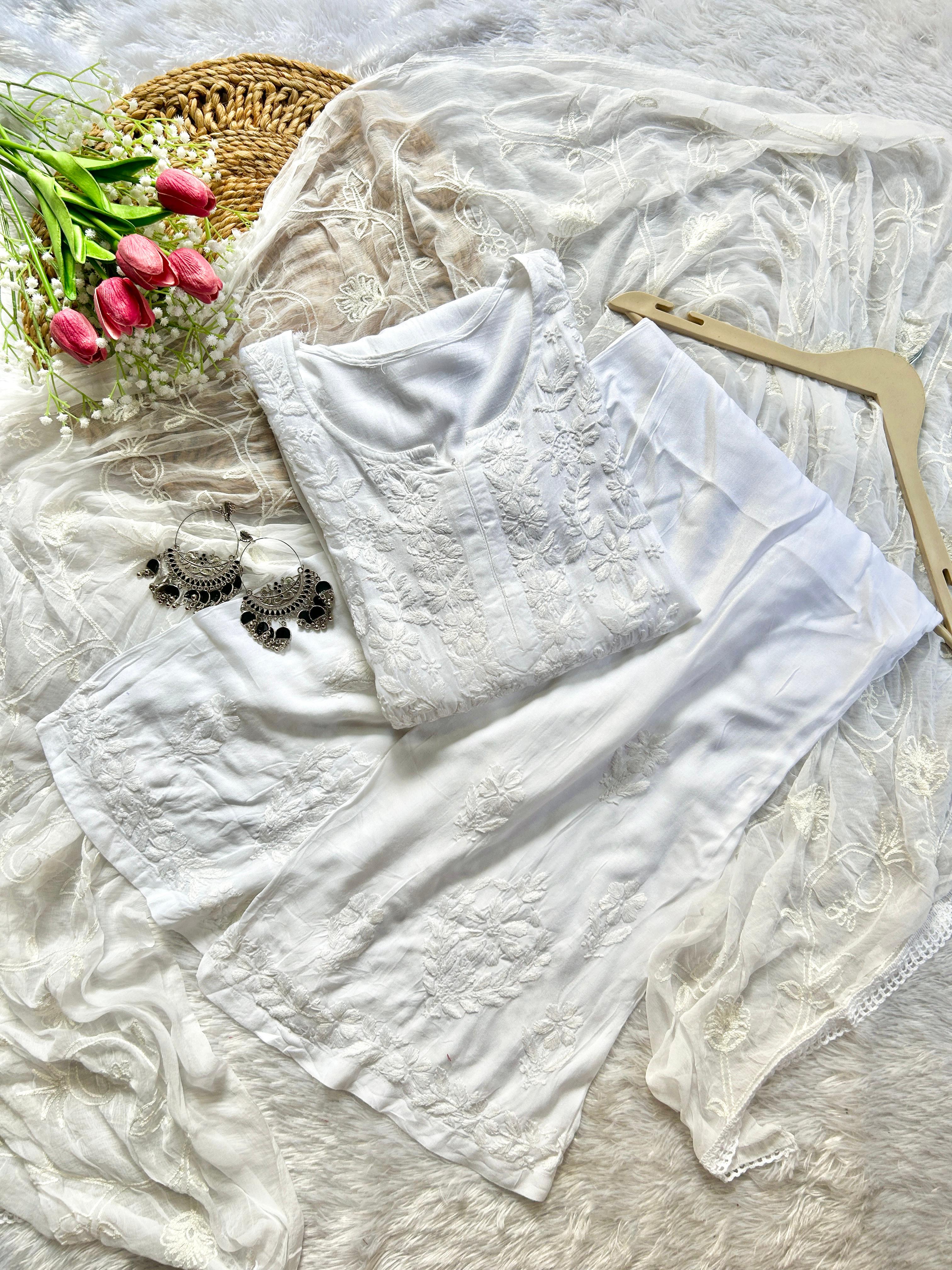 Zeenat White Rayon Chikankari Set