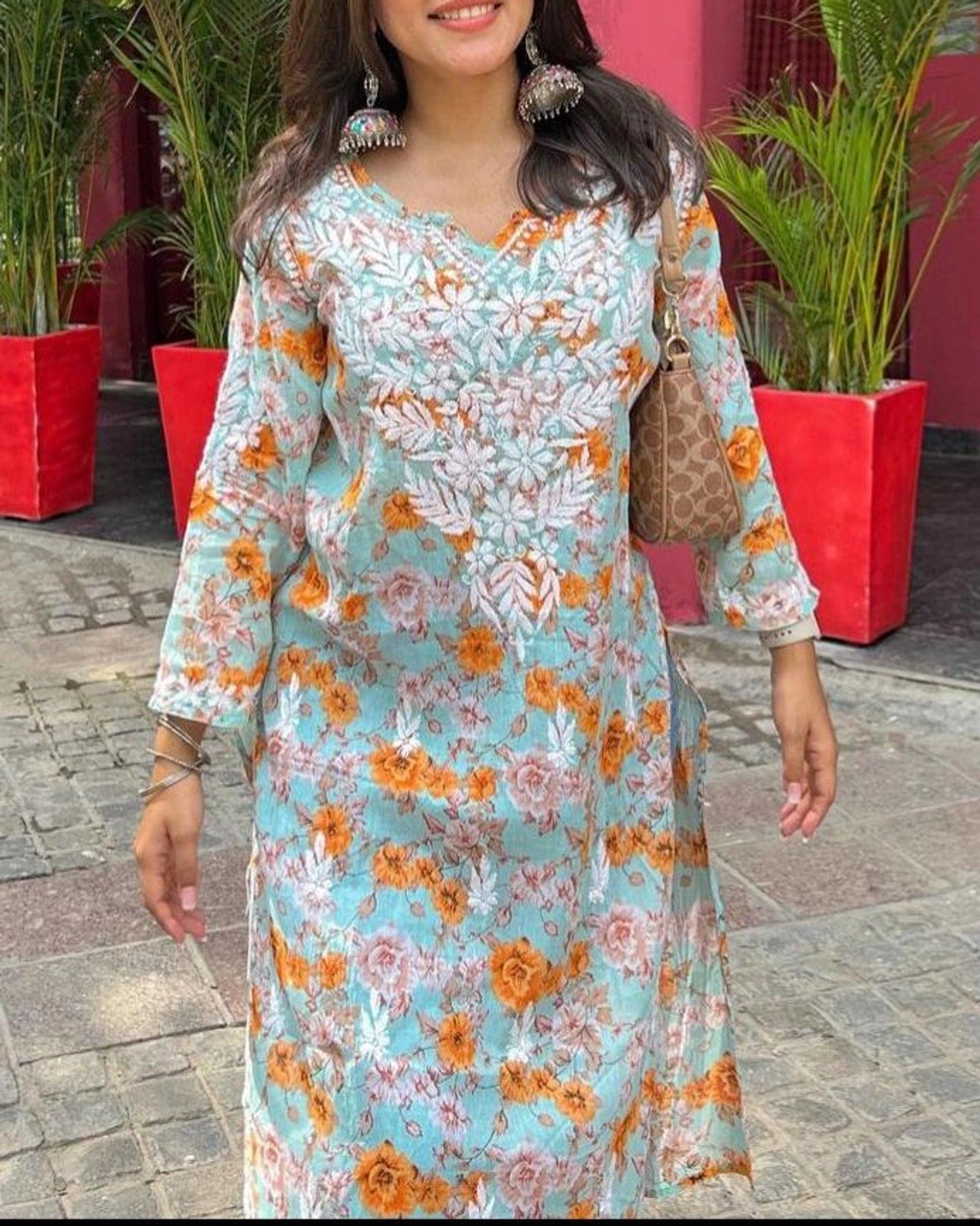 Fiza Mulmul Chikankari Printed Kurti Sky Blue