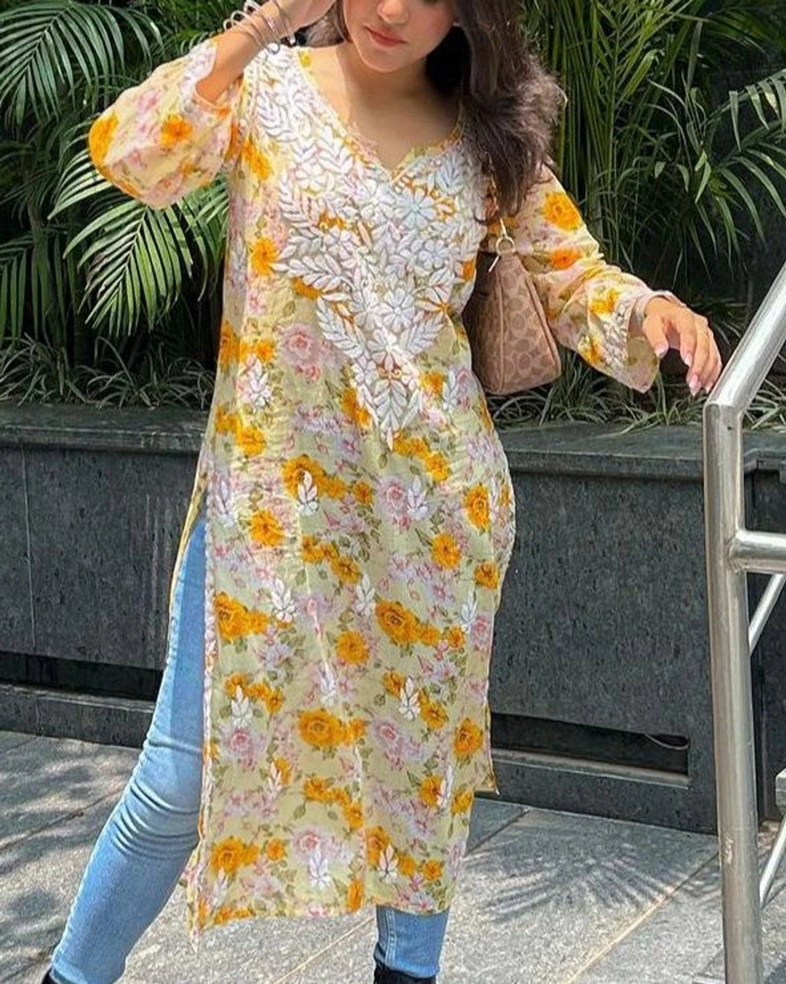 Fiza Mulmul Chikankari Printed Kurti Yellow