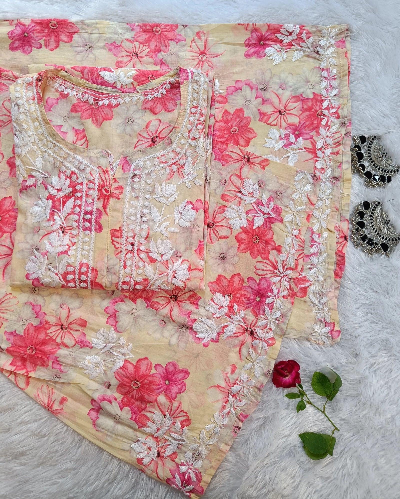 Nida Peach Mul Mul Printed Chikankari Set