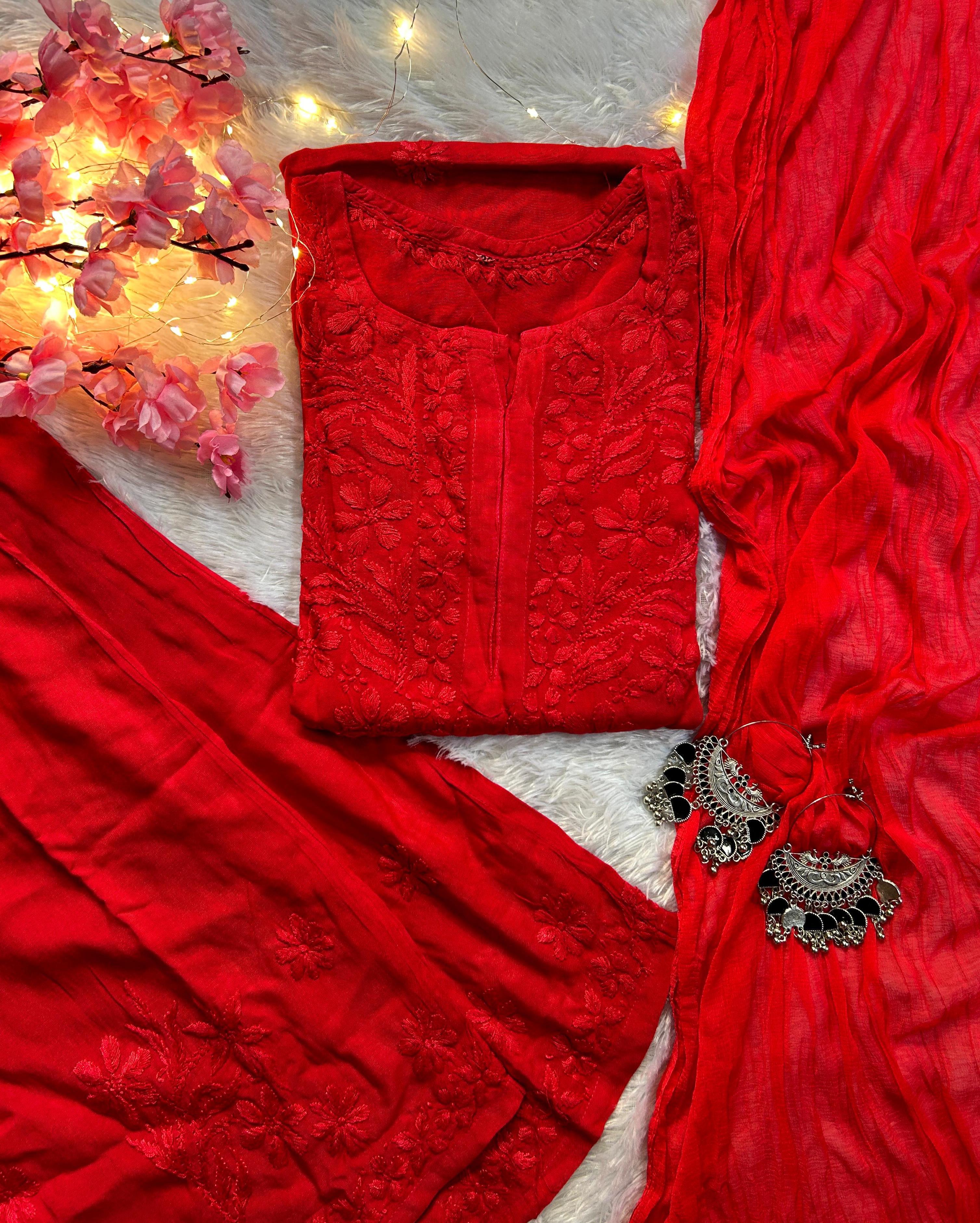 Zeenat Red Rayon Chikankari Set