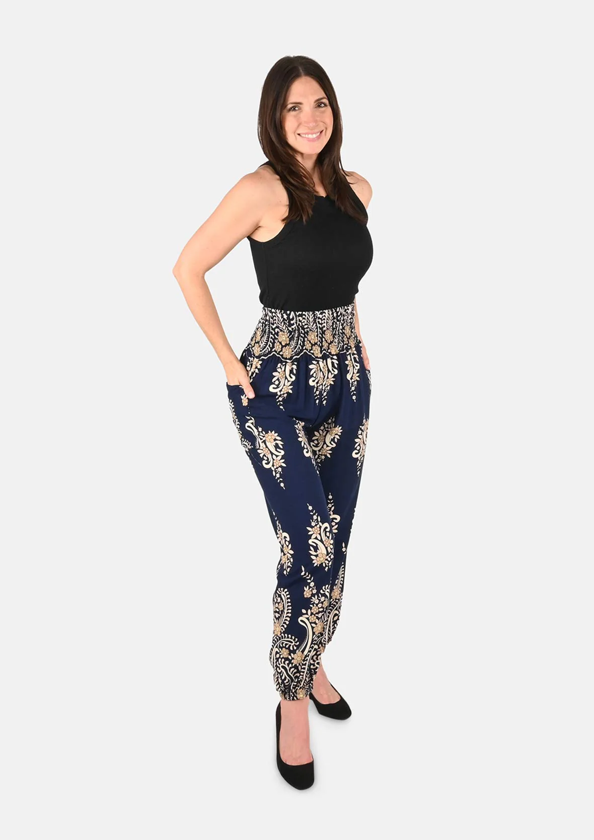 Floral Smocked Waist Harem Pants with Pockets