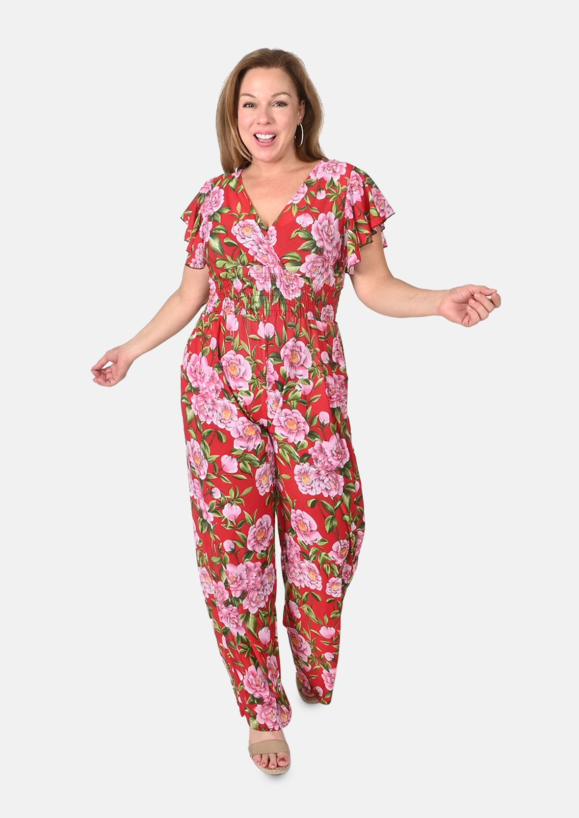 Flutter Sleeves Smocked Jumpsuit with Pockets