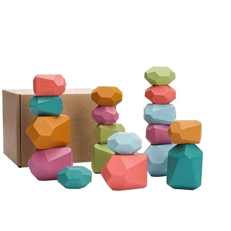 Wooden Rainbow Stones Building Blocks Colorful Stacker Balancing Games Montessori Educational Toys