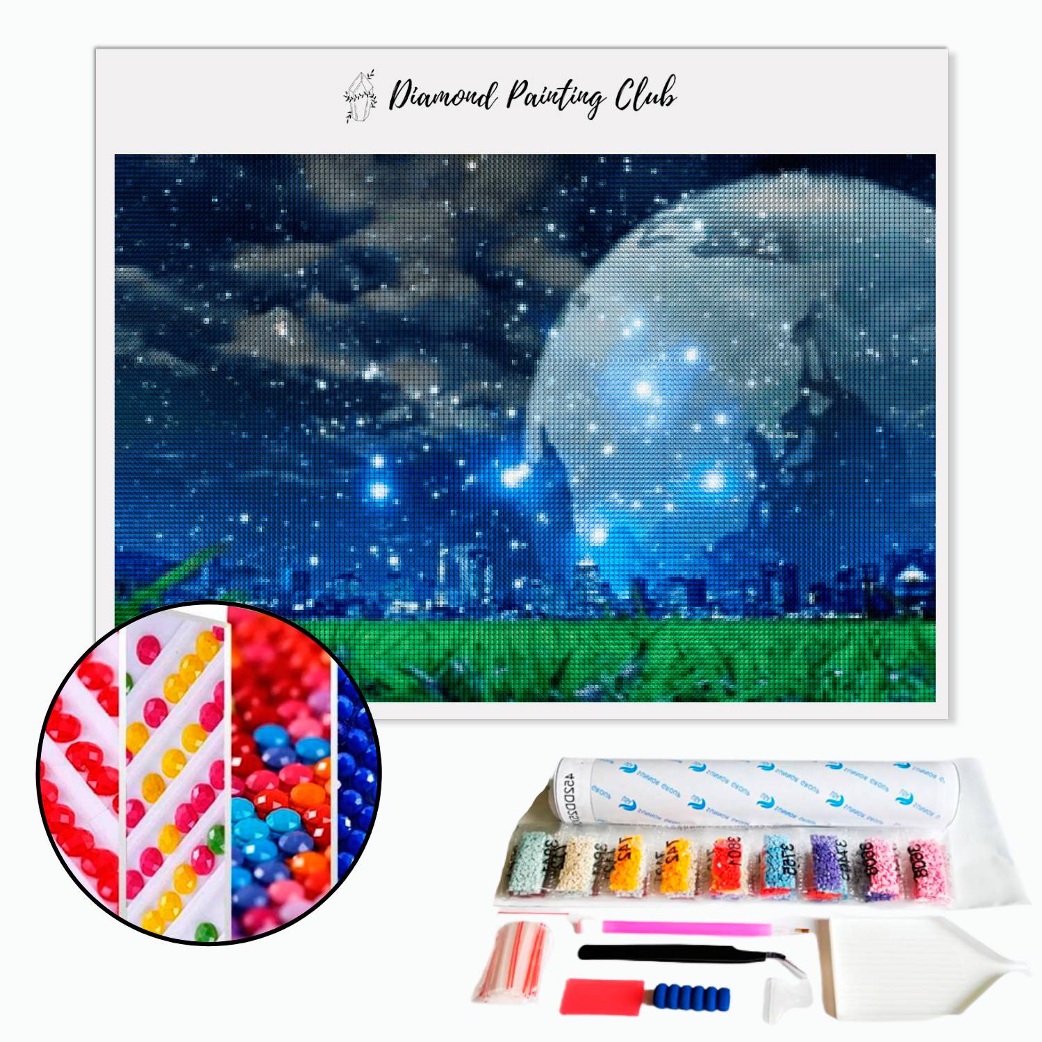 Broderie diamant Prairie verte sur ciel étoilé