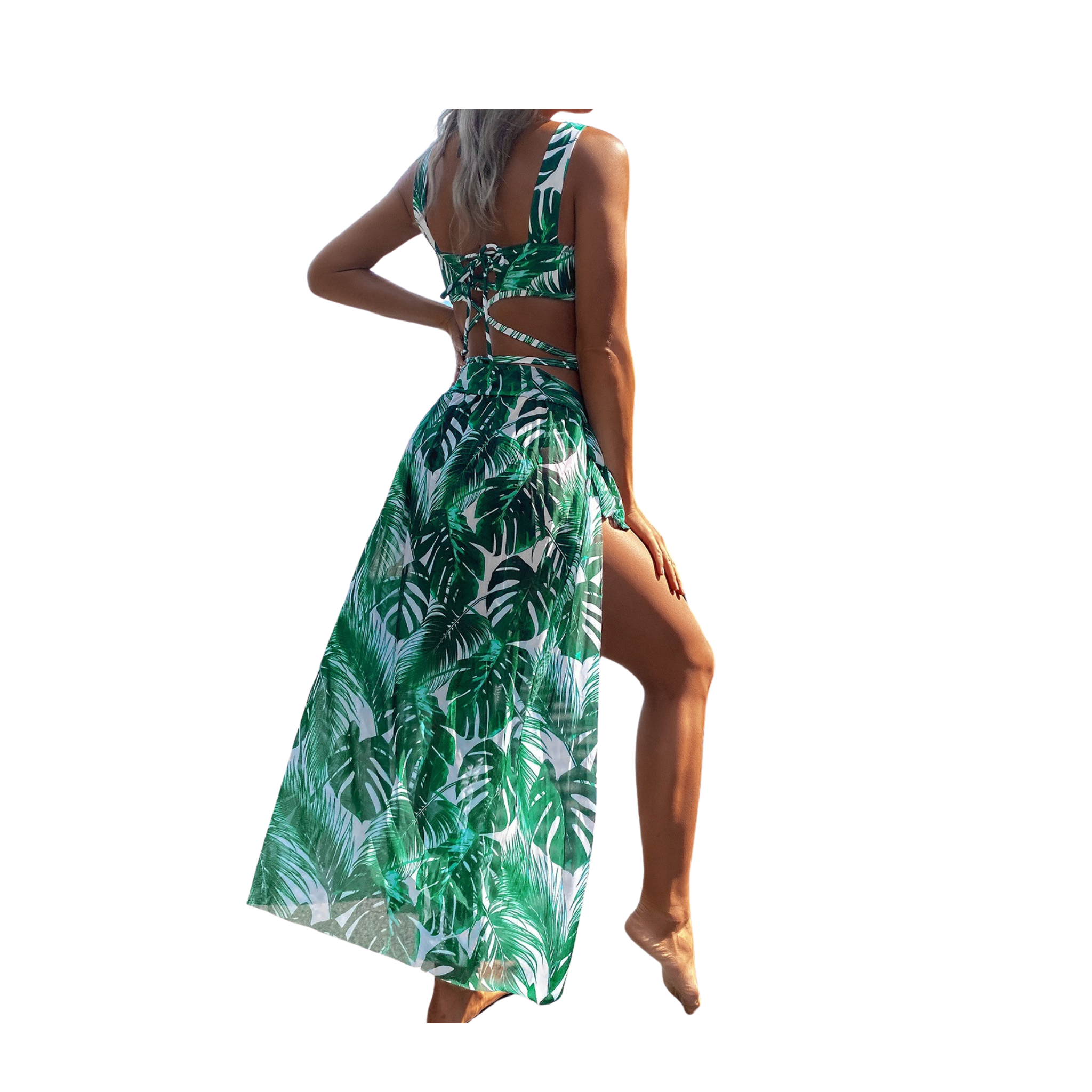 Tropical Print 3 Pieces Swim Set - Green