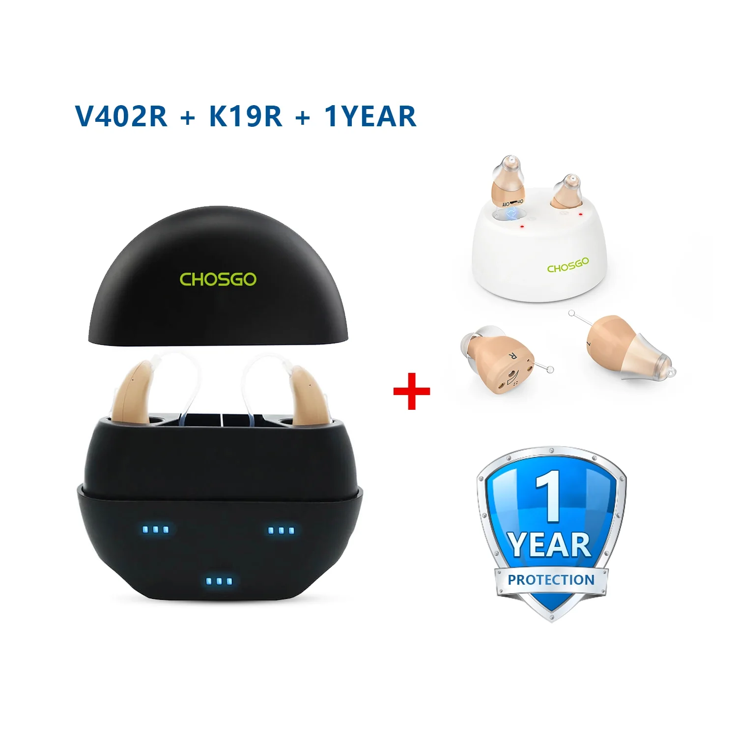 V402R Rechargeable BTE Hearing Aids with K19R One Pair with 1-Year Protection Plan