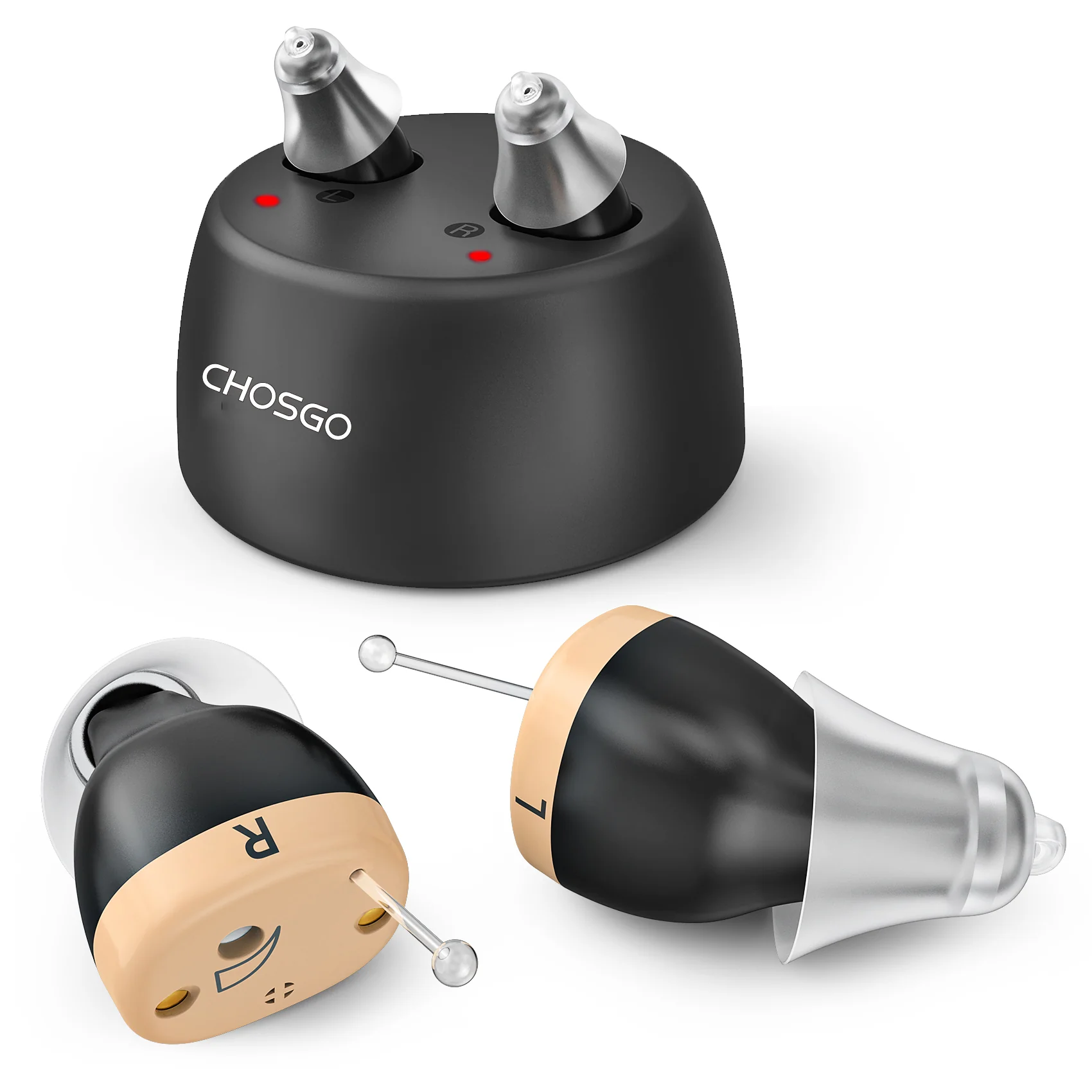 K18R Rechargeable OTC CIC Hearing Aids, Black Pair