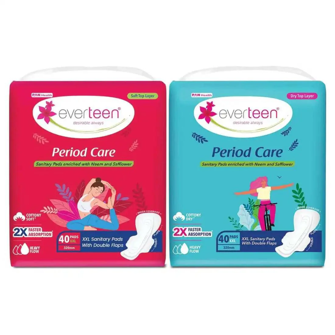 everteen Combo - XXL Period Care 40 Dry and 40 Soft Sanitary Pads Enriched With Neem Safflower