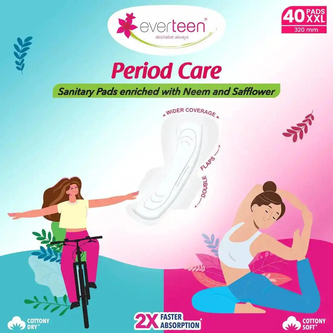 everteen Period Care XXL Sanitary Pads with Double Flaps, Neem and Safflower - 40 Pads