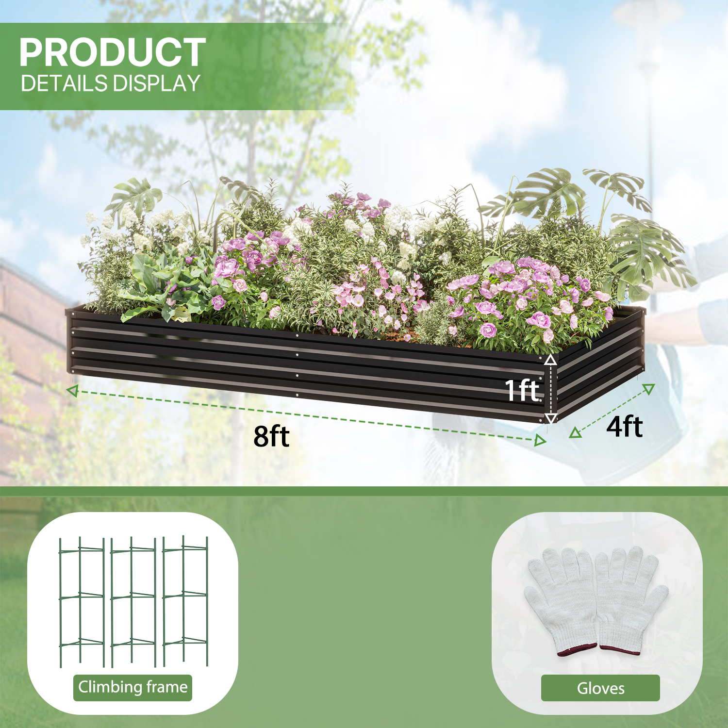 8x4x1 FT ONCEMORE Metal Planter Raised Garden Beds Gardening Gloves