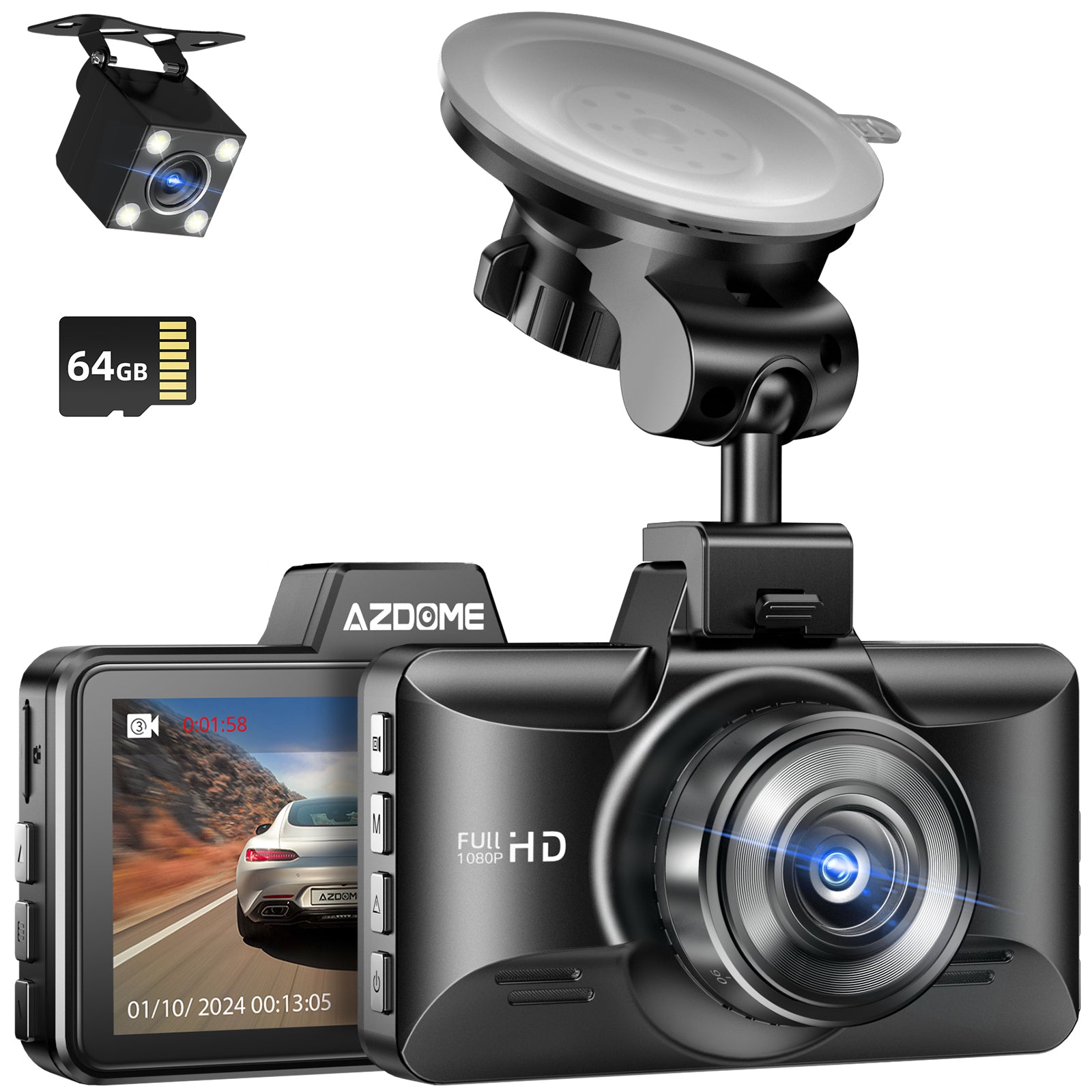 AZDOME M01 Pro 2CH Dash Cam 1080P with ADAS 3" Screen 24H Parking Mode