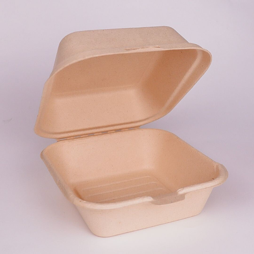 6-inch Fiber Clamshell "Burger Box" - Soil Compostable - Eco Friendly Container