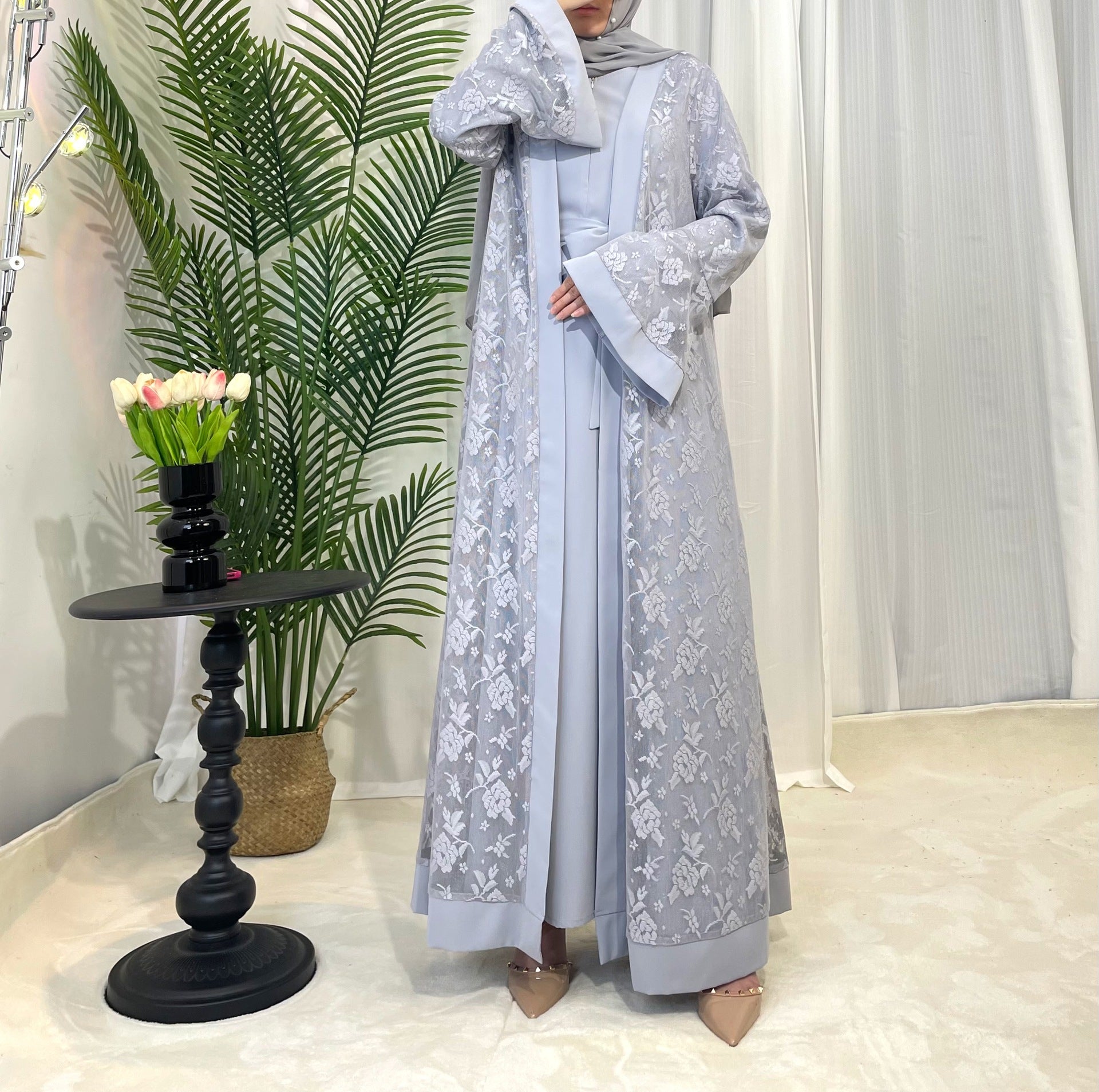 Clear Lace Rose Dress Abaya 3 Piece Set