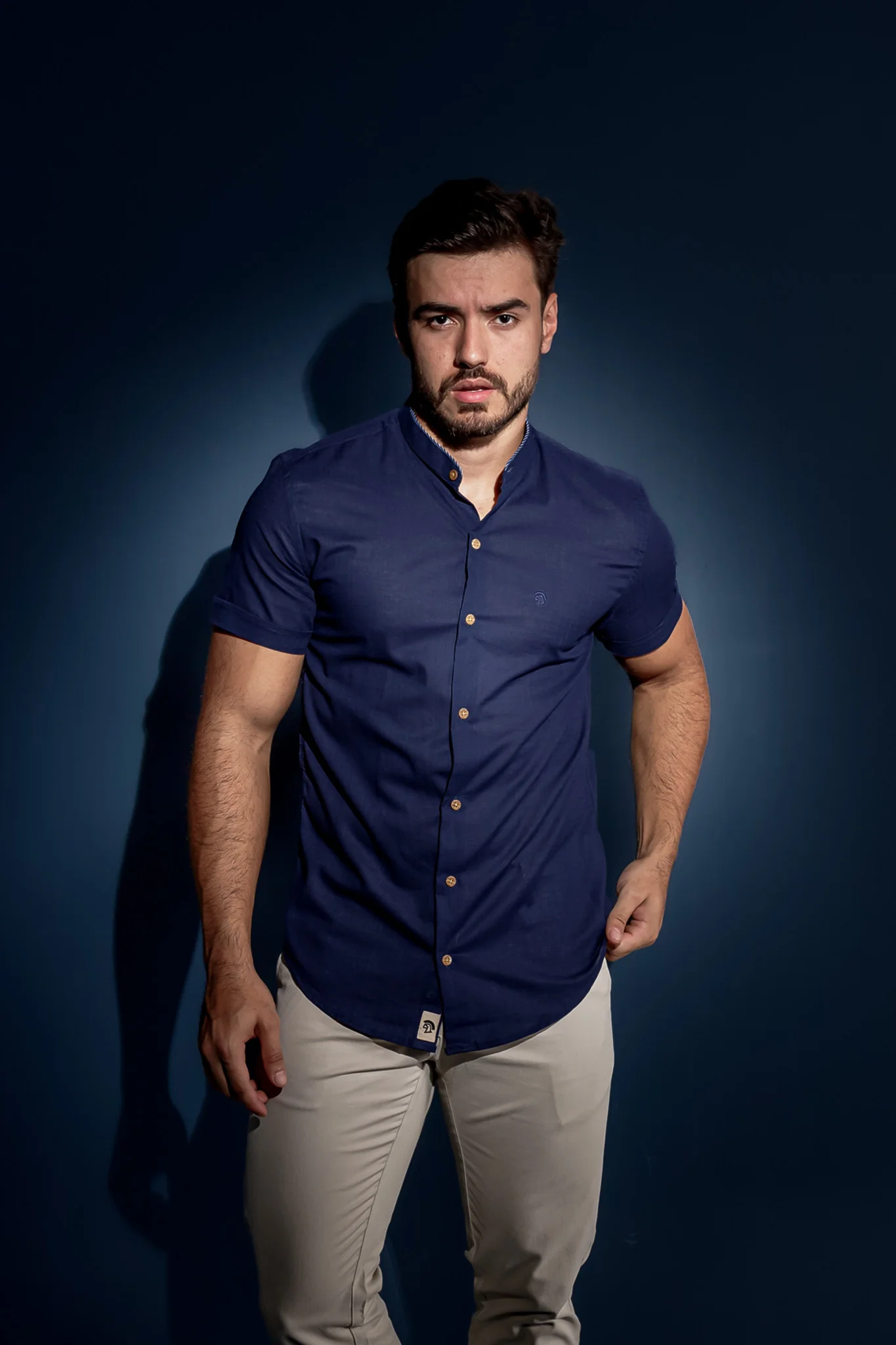 Camisa Masculina Vicenza  Linho Gola Padre Viés Azul Marinho