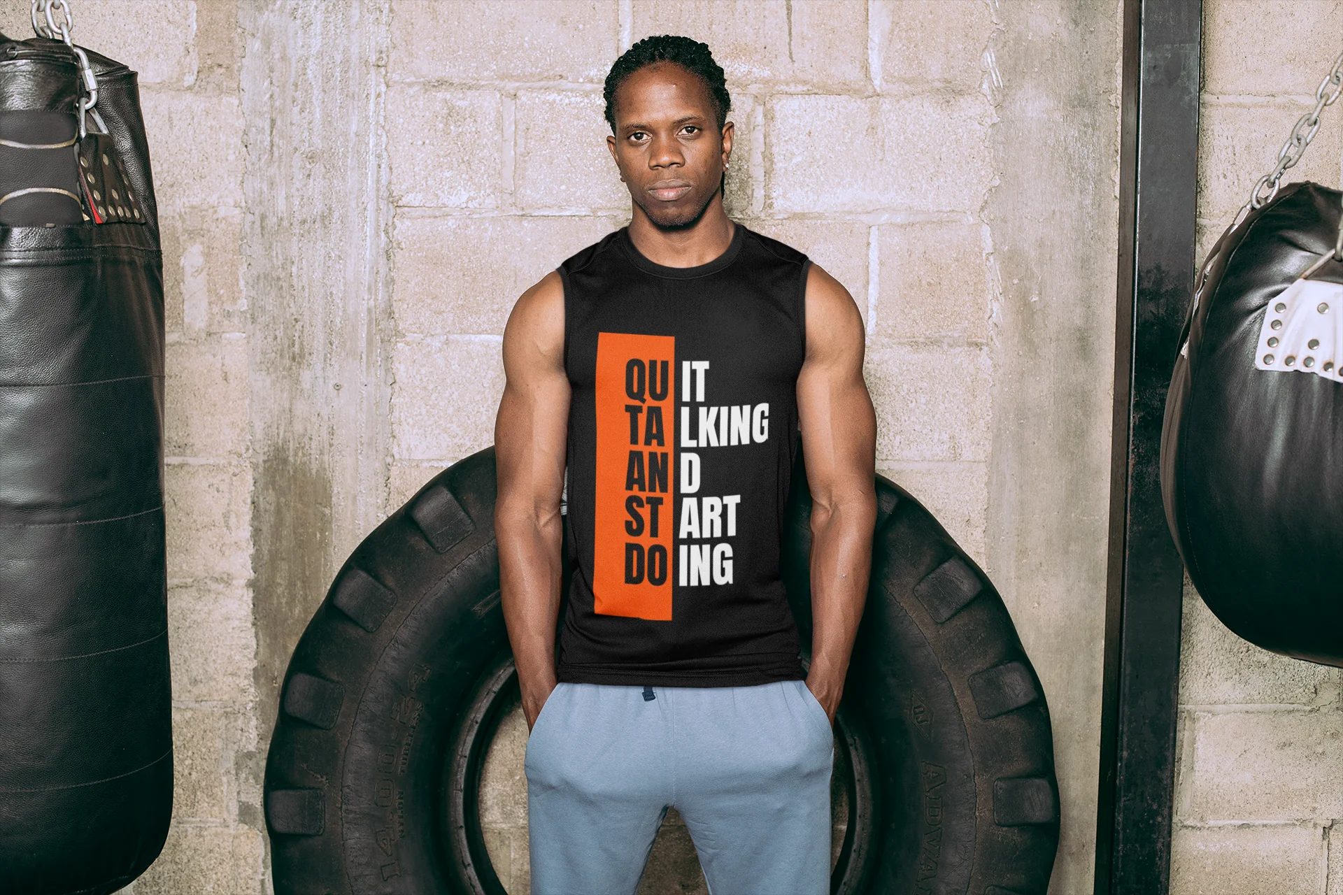 Mens Round Neck Sleeveless(Black&OrangeTypographicInspiringQuoteTshirt)