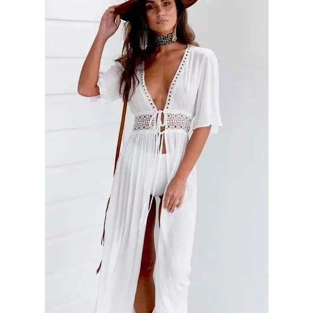 White V Neck Crochet Trim Maxi Cover Ups
