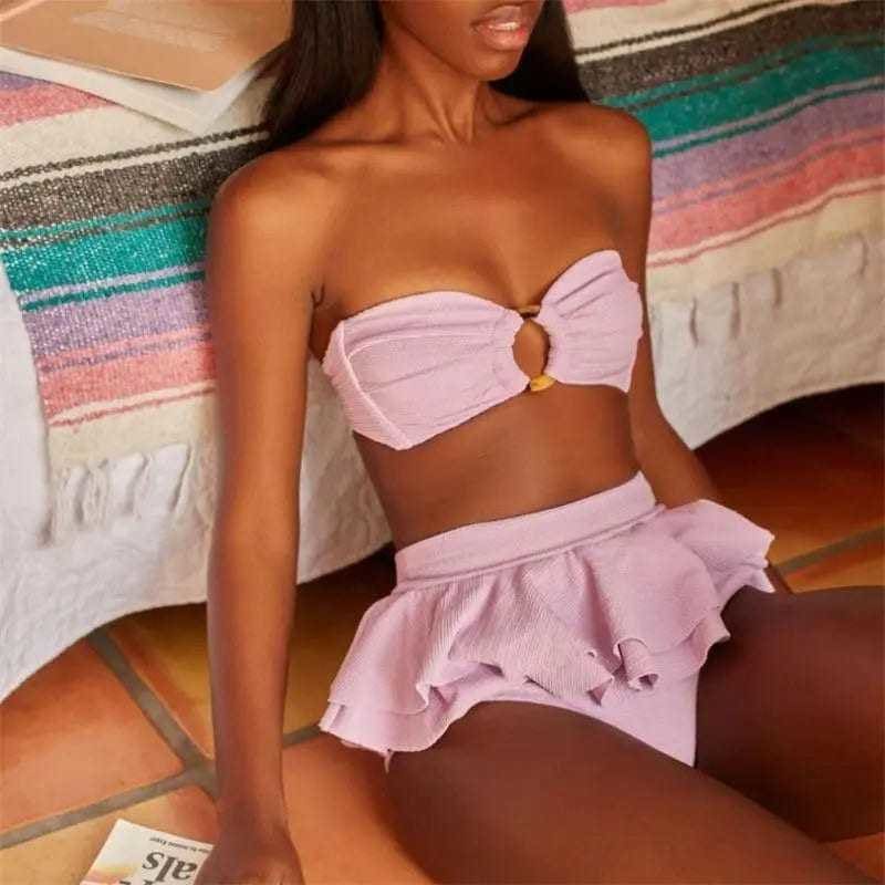 Sexy V Neck Ruffle High Waisted Bandeau Bikini Swimsuit