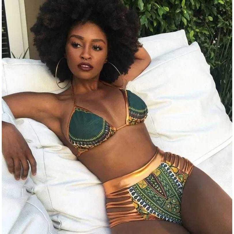 Metallic Sliding Triangle High Waisted Strappy Bikini Swimsuit