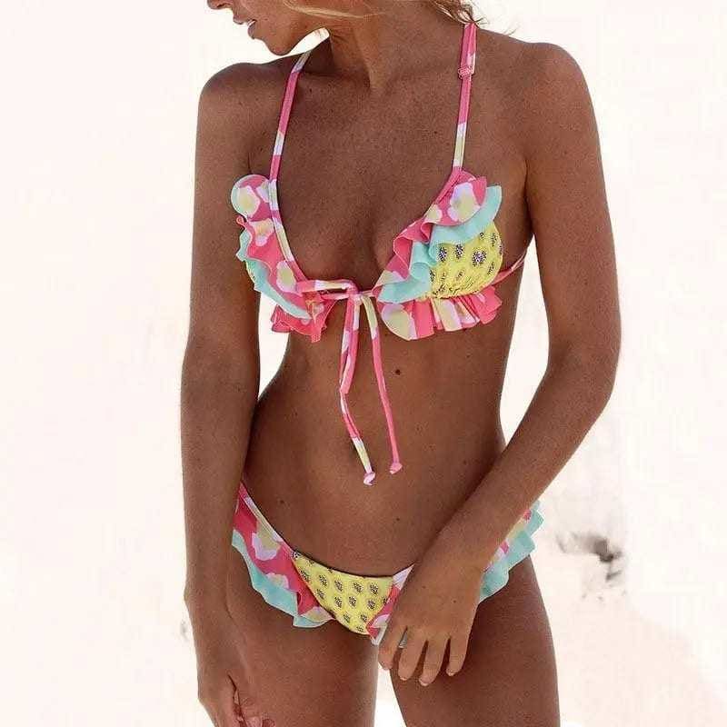 Ruffle Sliding Triangle Low Rise Cheeky Brazilian Bikini Swimsuit