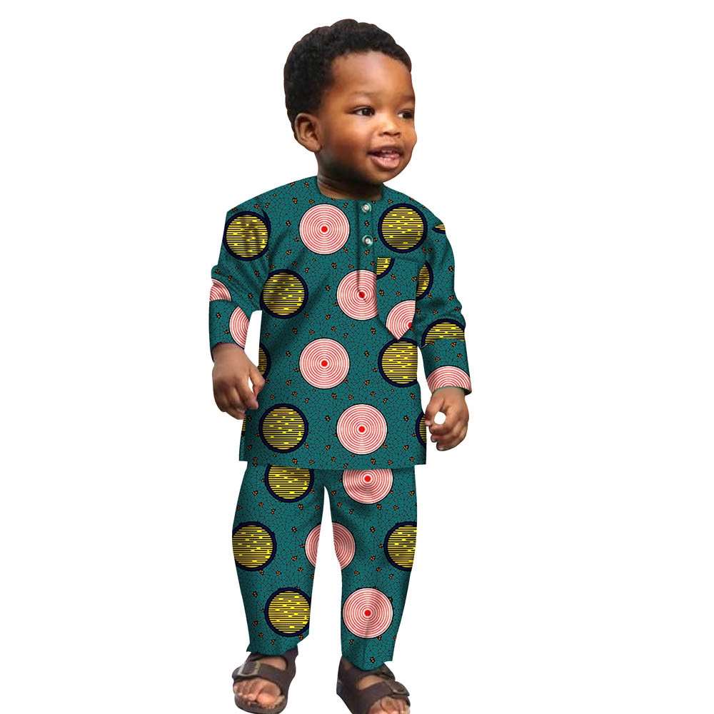 African Boys Cotton Clothes Wax Print Top and Pants Sets for Kids