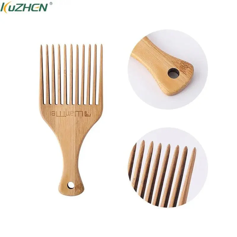 Anti-Static Natural Bamboo Hair Pick Comb - Long Tooth Detangling and Scalp Massage for Afro Hair Styling