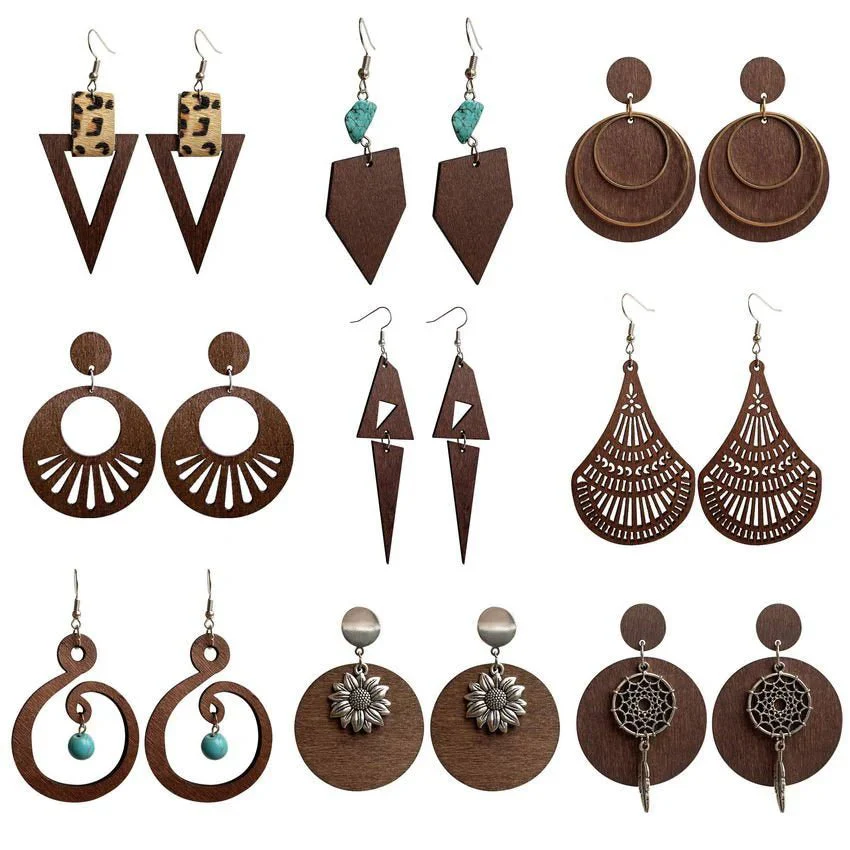 Handmade Zinc Alloy Geometric Wood Earrings - Trendy African Jewelry for Women