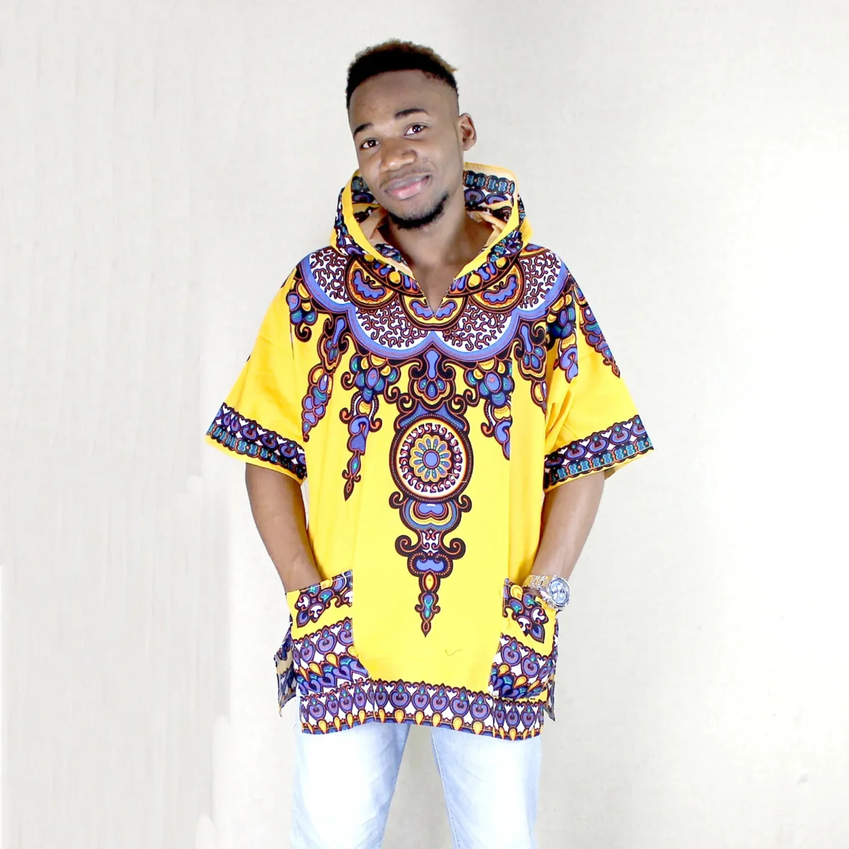 Regal Comfort: Men's African Dashiki Hoodie in Vibrant Yellow Traditional Clothing