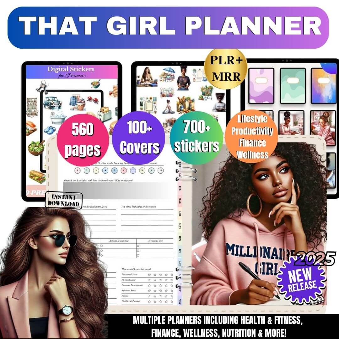 560 Pages Editable Planners, 7000+ Stickers, 100+ Covers (Lifestyle, Productivity, Finance, Wellness, etc.) with Resell Rights