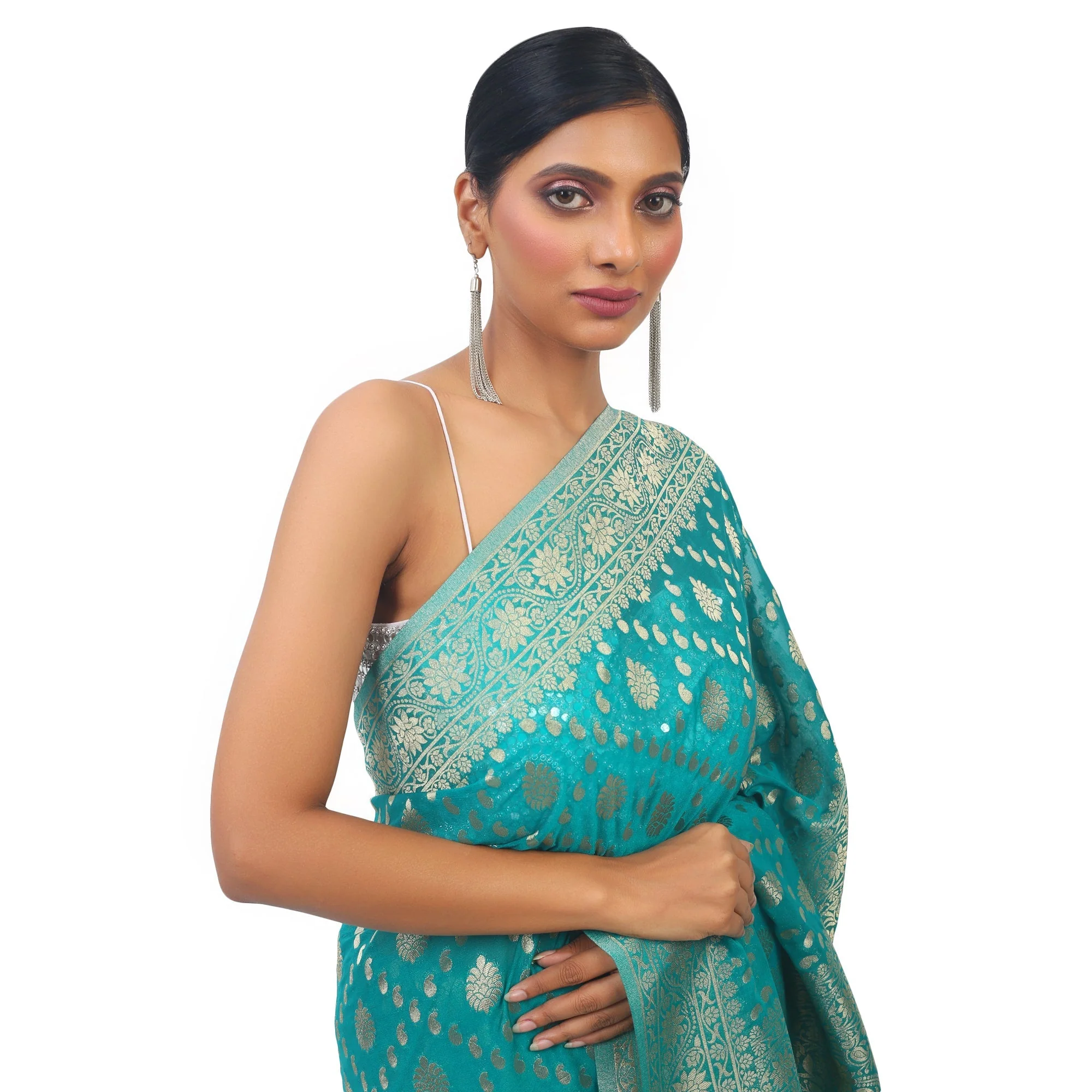 Green soft Georgette Banarsi Saree With golden work border