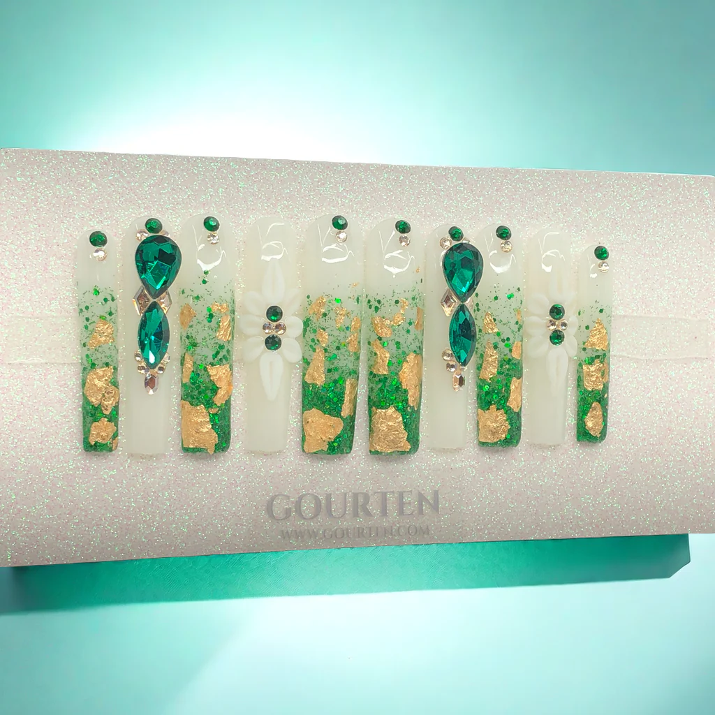 Y142 Green Gold Palace GOURTEN 2XL Long Square 55mm Length Handmade 10 Pieces Press On Nails