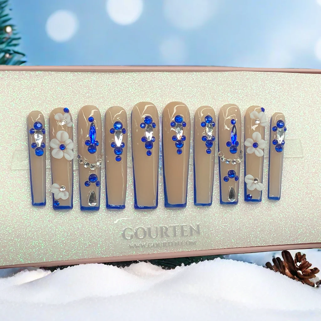 Y143 Royal Blue Ice Snow GOURTEN 2XL Long Square 55mm Length Handmade 10 Pieces Press On Nails