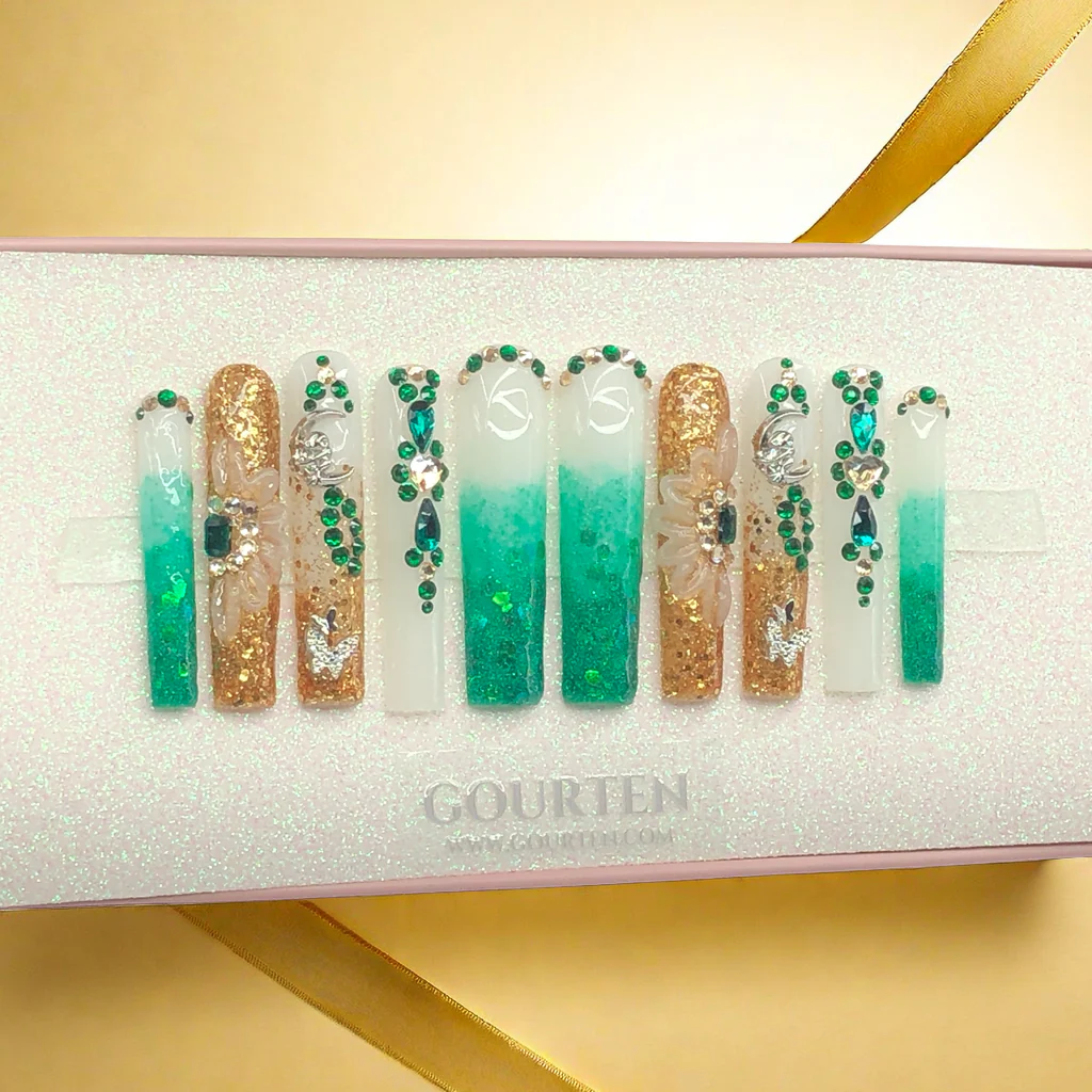 Y144 Luxury Green In Gold Palace GOURTEN 2XL Long Square 55mm Length Handmade 10 Pieces Press On Nails