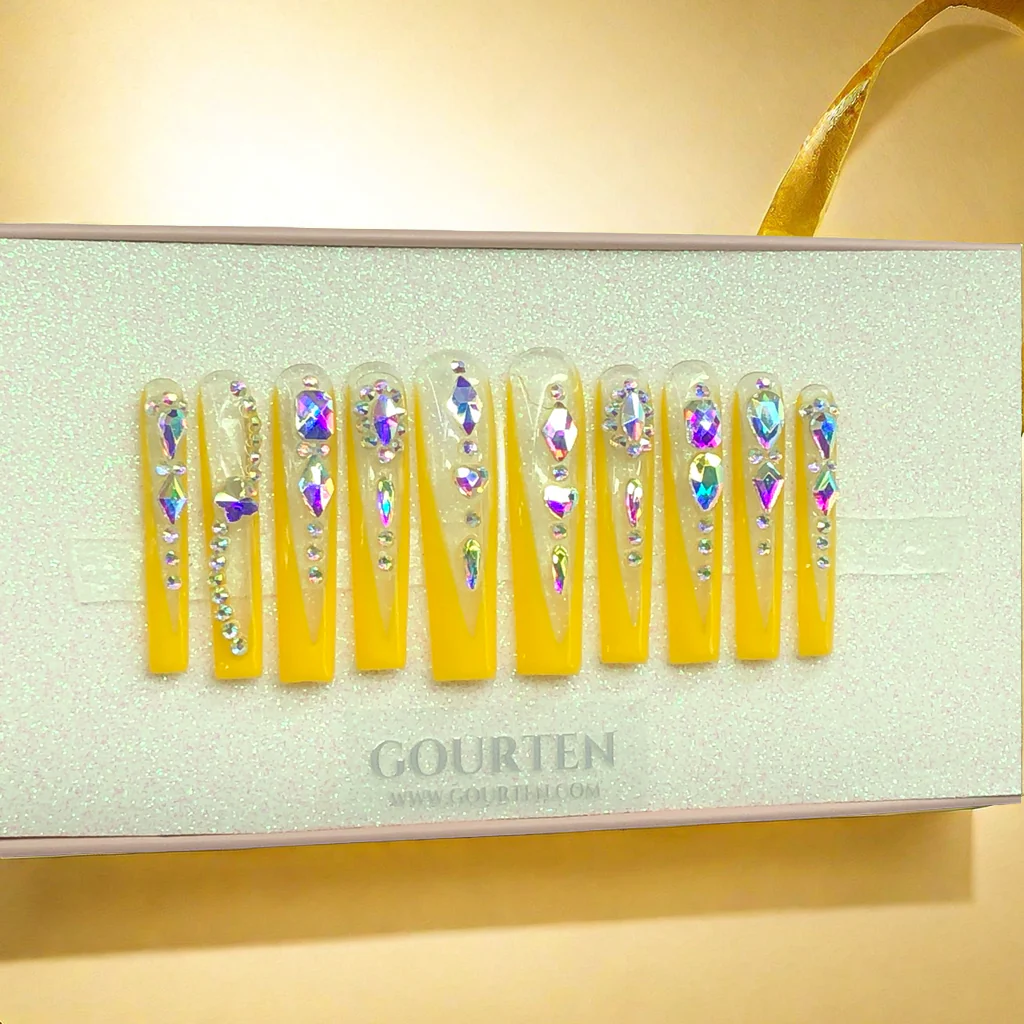 Y145 Luxury Yellow Diamond French Tip GOURTEN 2XL Long Square 55mm Length Handmade 10 Pieces Press On Nails