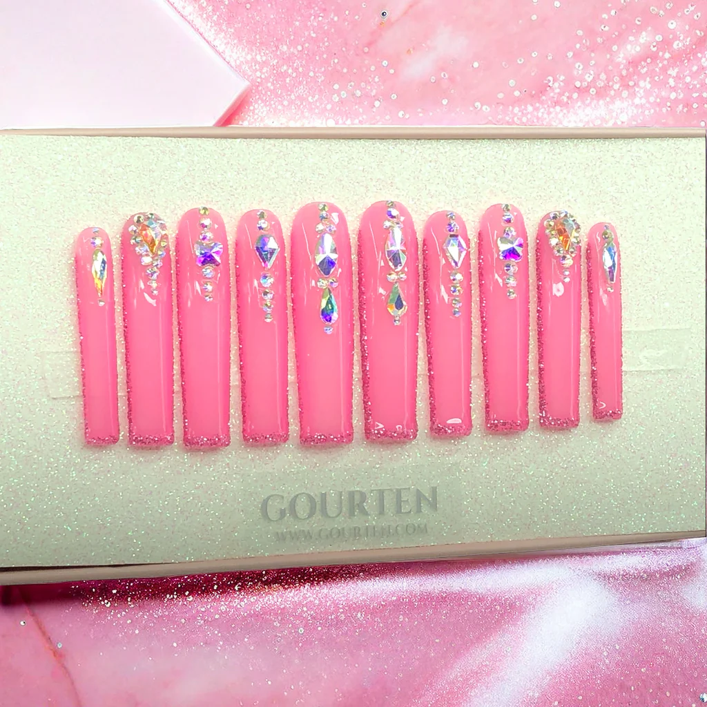 Y147 Hot Pink Diamond GOURTEN 2XL Long Square 55mm Length Handmade 10 Pieces Press On Nails