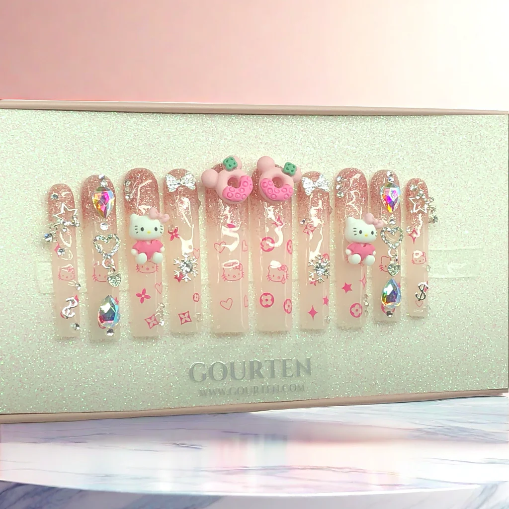 Y149 Shining Kitty Print GOURTEN 2XL Long Square 55mm Length Handmade 10 Pieces Press On Nails