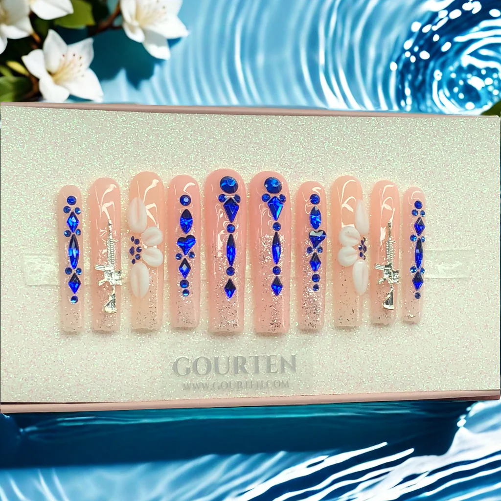 Y152 Shining Deep Blue Diamond GOURTEN 2XL Long Square 55mm Length Handmade 10 Pieces Press On Nails