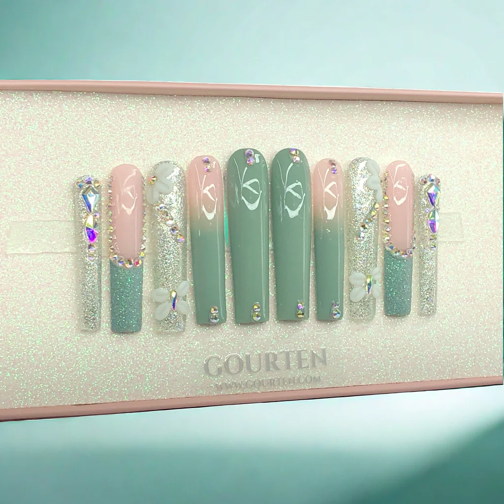 Y103 Matcha Lover GOURTEN 2XL Long Square 55mm Length Handmade 10 Pieces Press On Nails