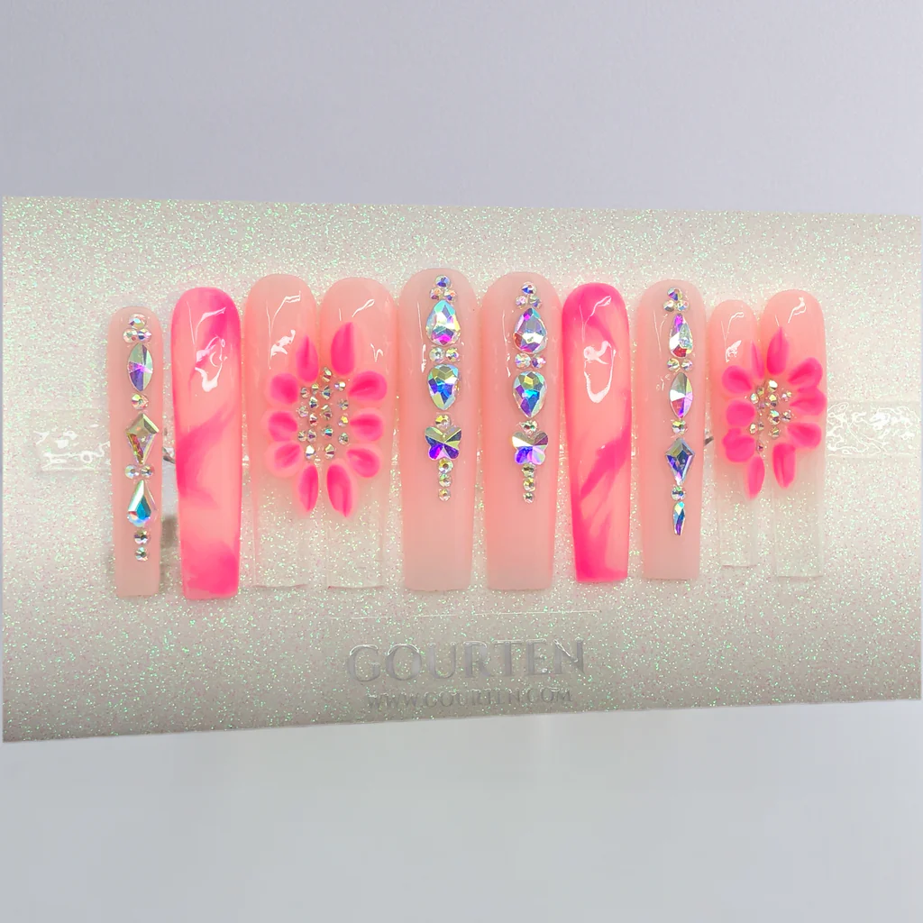 Y104 Pink Ombre 3D Flower GOURTEN 2XL Long Square 55mm Length Handmade 10 Pieces Press On Nails