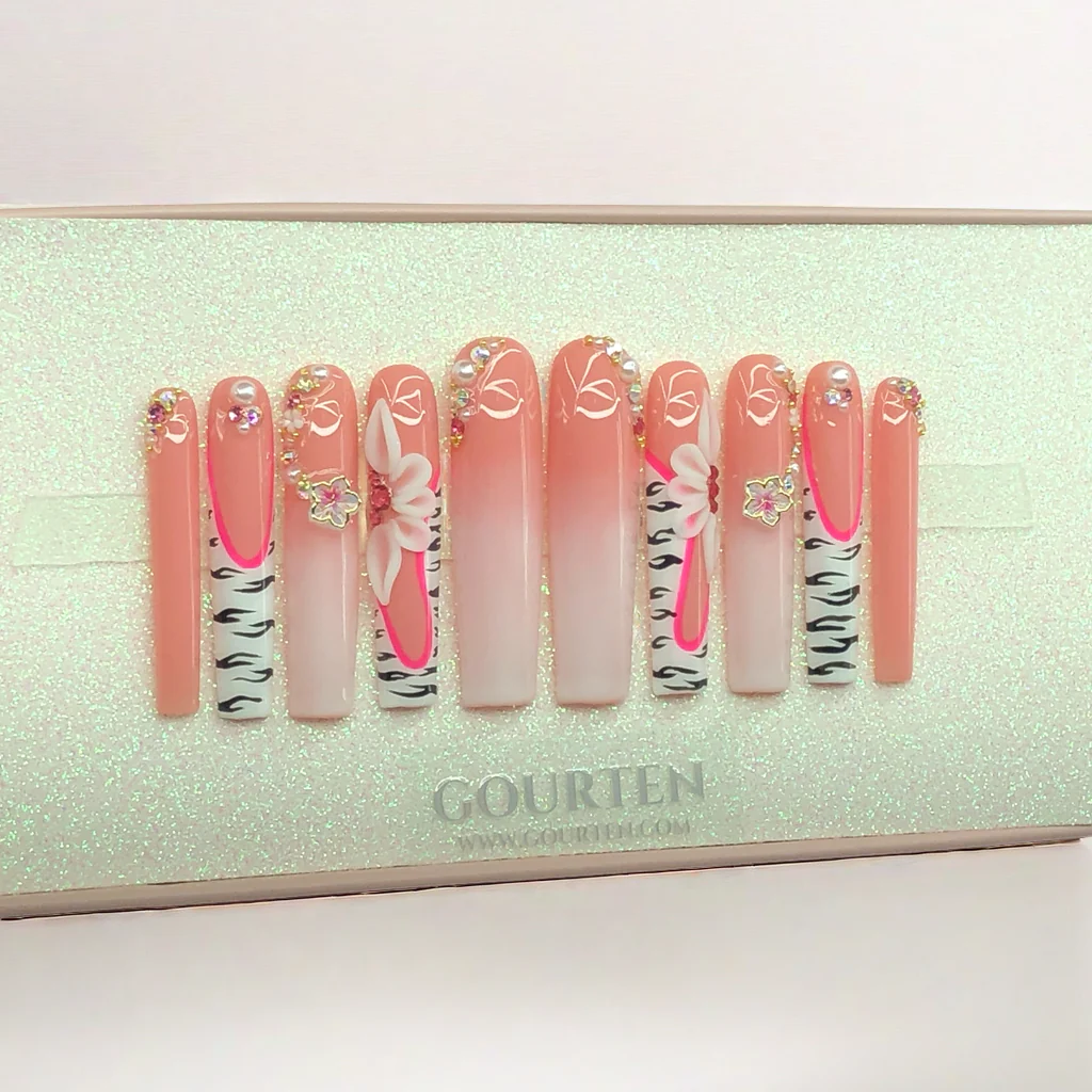 Y106 Pinky Zebra GOURTEN 2XL Long Square 55mm Length Handmade 10 Pieces Press On Nails
