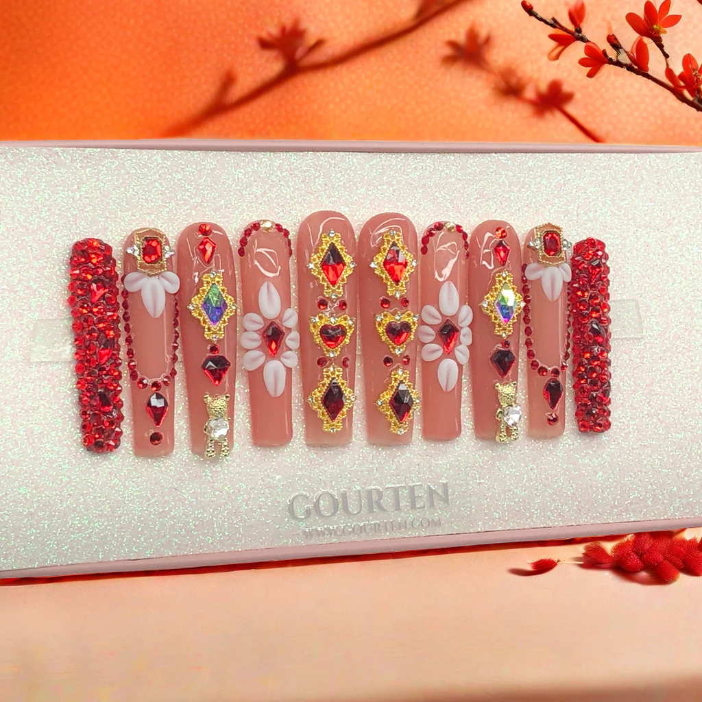 Y108 Red Queen GOURTEN 2XL Long Square 55mm Length Handmade 10 Pieces Press On Nails