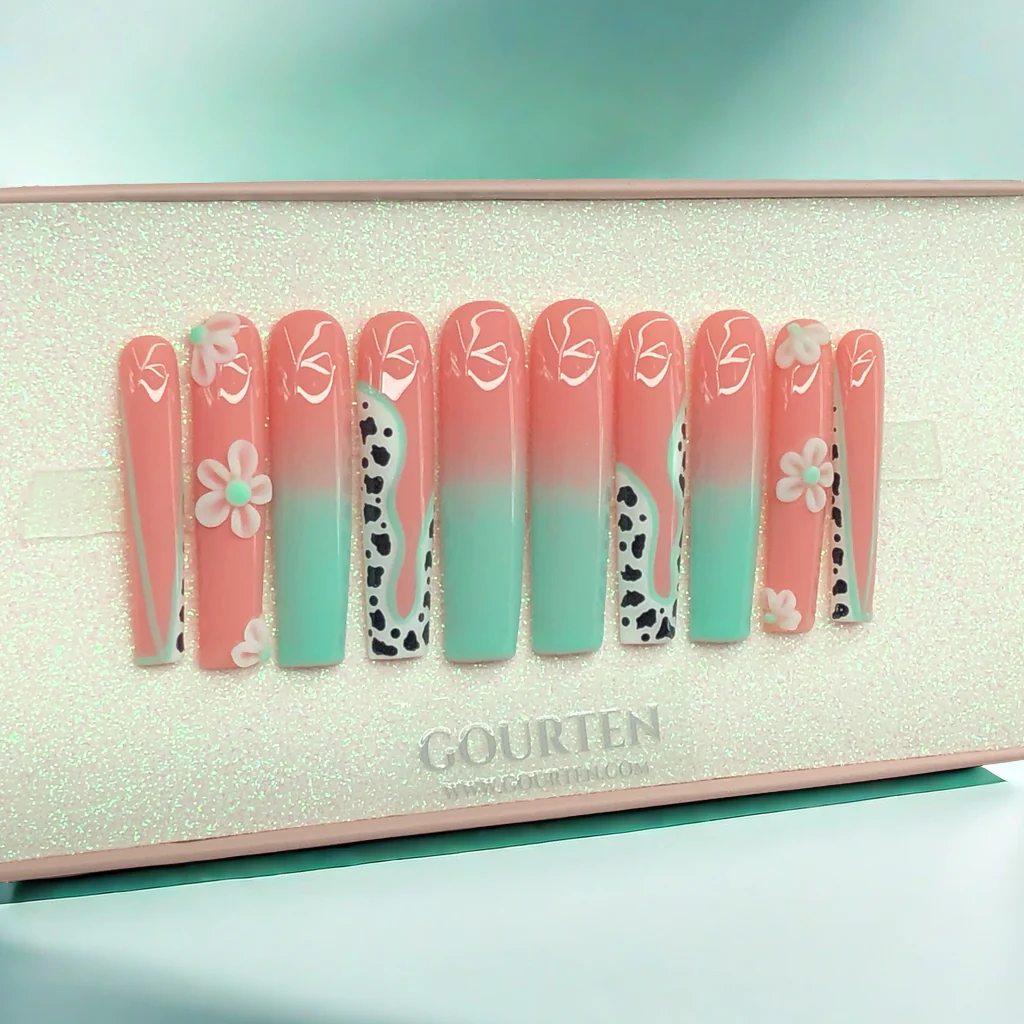 Y109 Green Leopard Print GOURTEN 2XL Long Square 55mm Length Handmade 10 Pieces Press On Nails