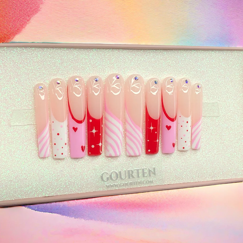 Y110 Pink Love Heart French Tip GOURTEN 2XL Long Square 55mm Length Handmade 10 Pieces Press On Nails