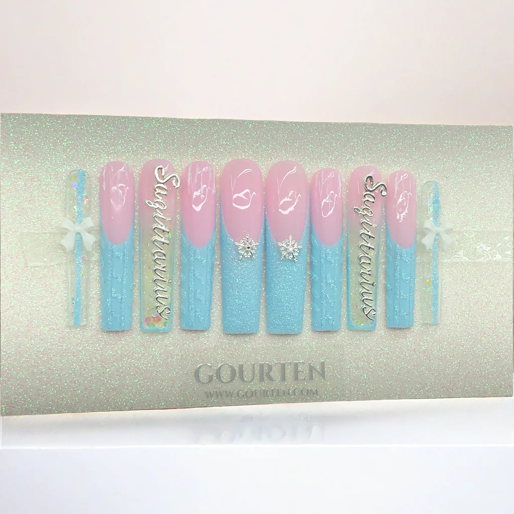 Y112 Baby Blue Snow Sagittarius GOURTEN 2XL Long Square 55mm Length Handmade 10 Pieces Press On Nails