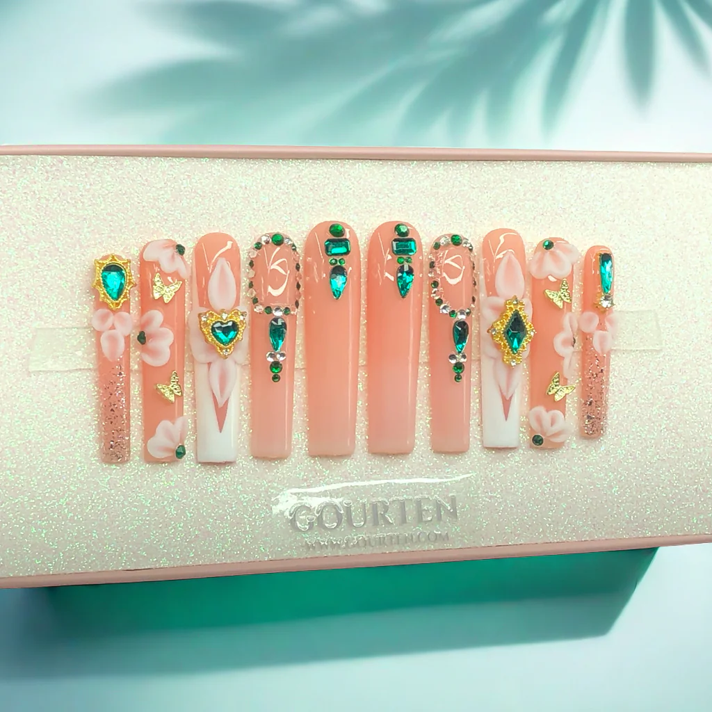 Y113 Green Dimond 3D Handmade Flower GOURTEN 2XL Long Square 55mm Length Handmade 10 Pieces Press On Nails