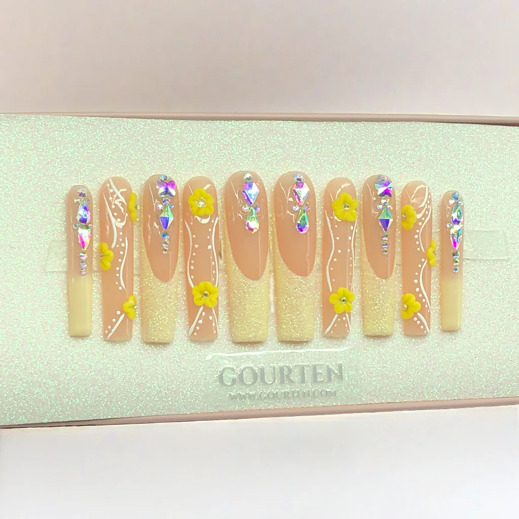 Y123 Sugar Powder Glitter 3D Flower Garden GOURTEN 2XL Long Square 55mm Length Handmade 10 Pieces Press On Nails
