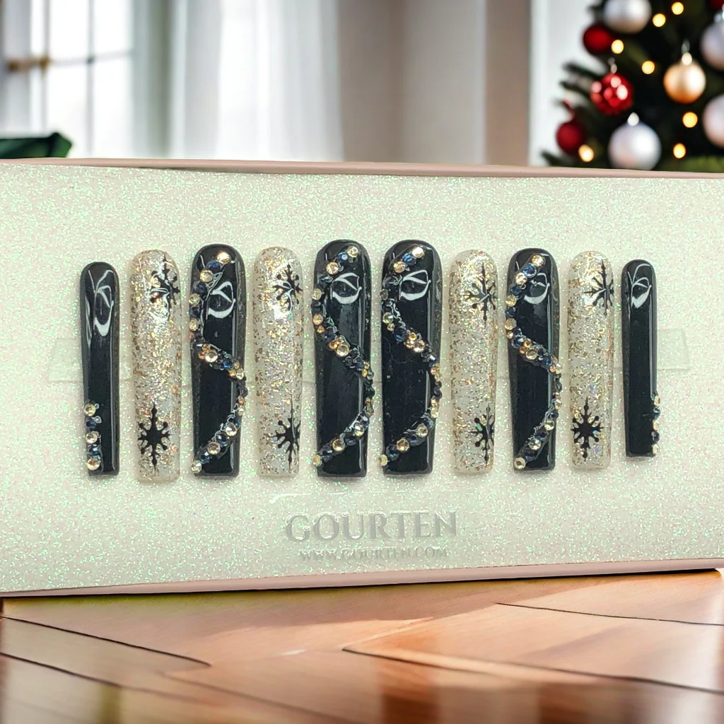 Y124 Christmas Black Snow GOURTEN 2XL Long Square 55mm Length Handmade 10 Pieces Press On Nails